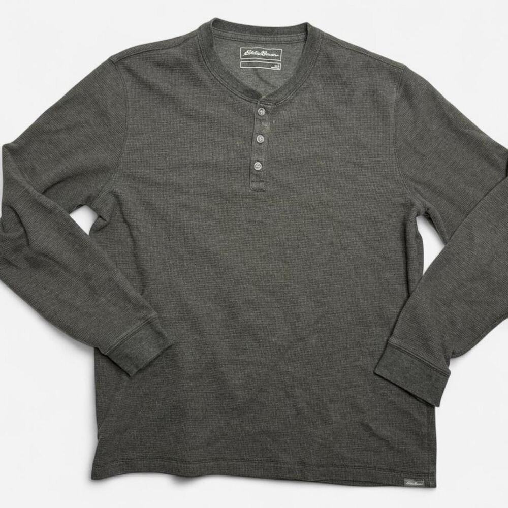 Eddie Bauer Men’s Waffle Knit Thermal Henley Long Sleeve Shirt Gray Large Cotton